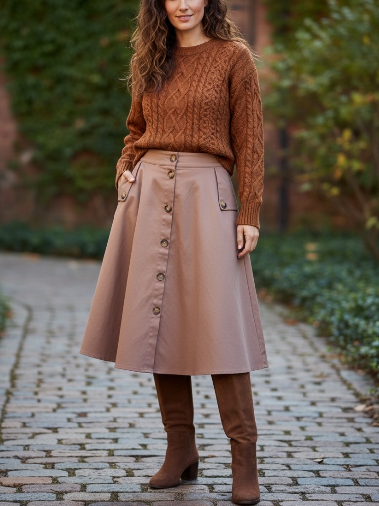 Tan Fall Skirt With Pockets M